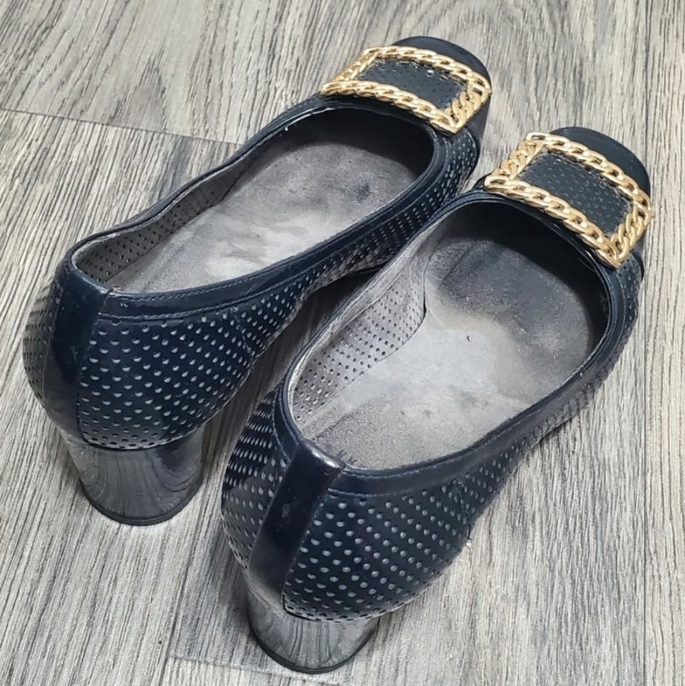 Stuart Weitzman Patent Leather Gold Crested Heeled Pumps Shoe BlueBlack 8.5 🌴✌️ - Picture 2 of 13